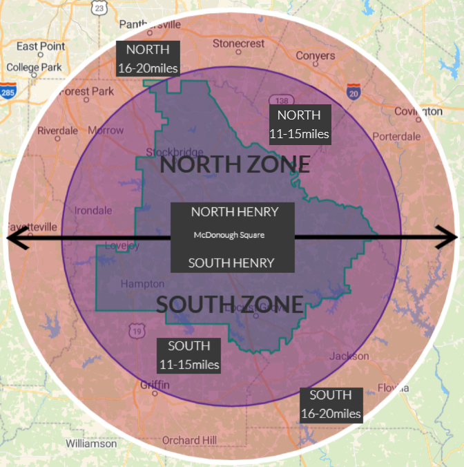 Service zone map showing North and South zones around the McDonough Square